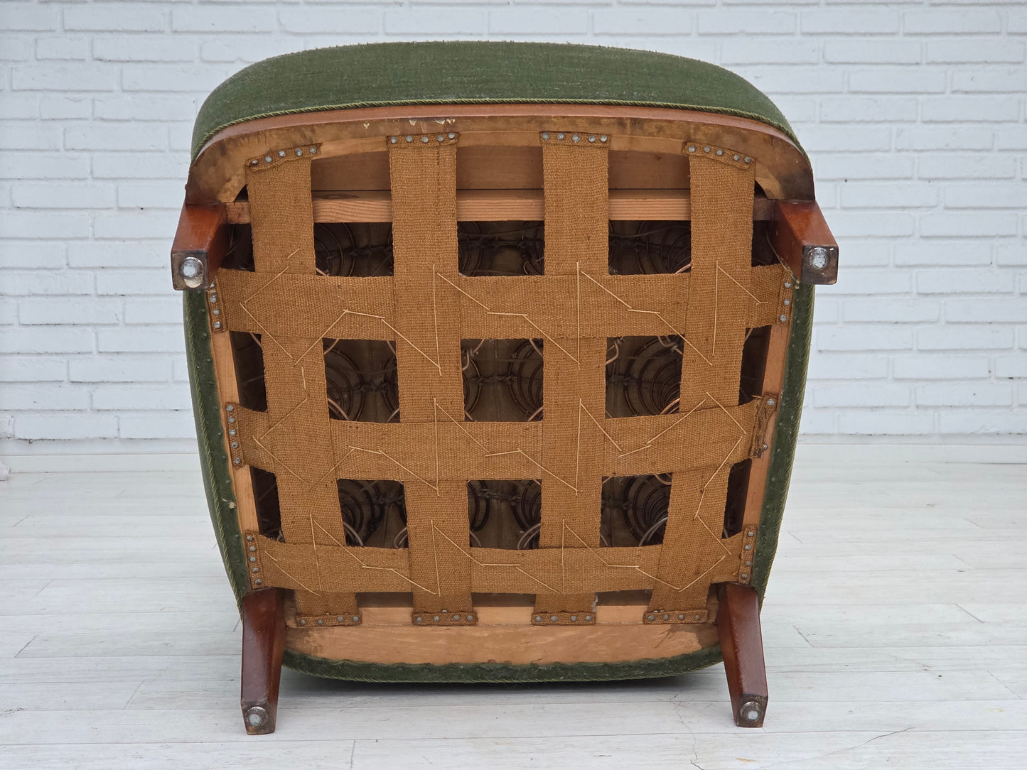 1960s, Danish highback armchair, green furniture velour, teak wood.