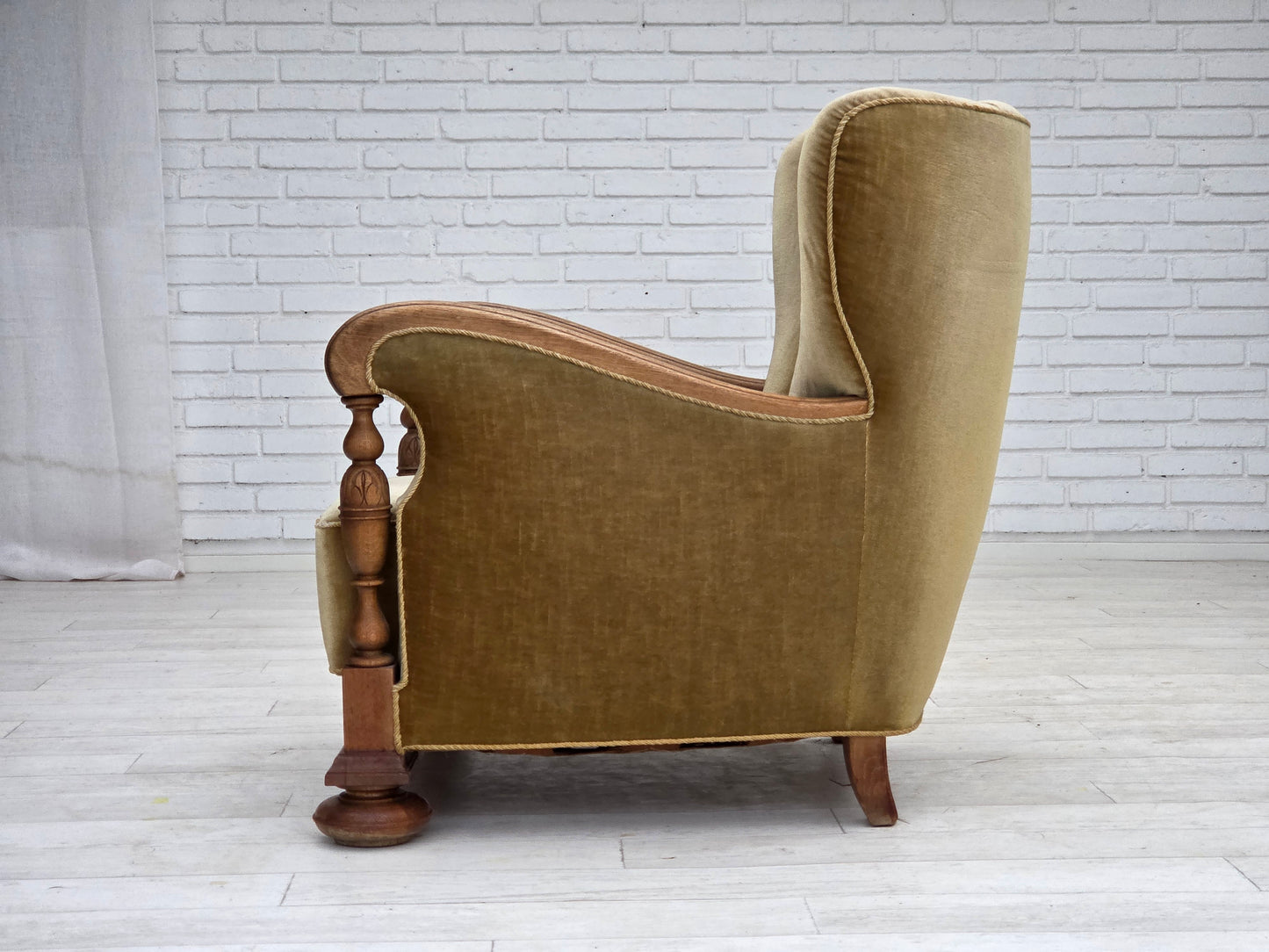 1960s, Danish armchair, green furniture velour, solid carved oak wood.