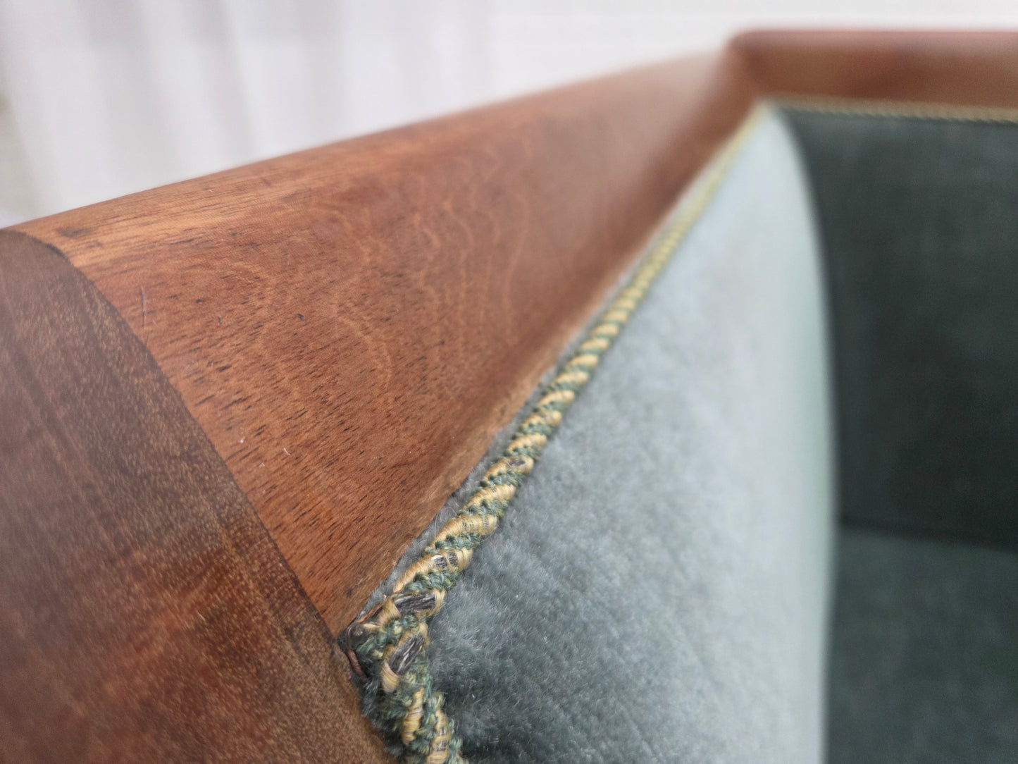 1950s, Danish 3-seater sofa, green/blue furniture velour, ash wood.