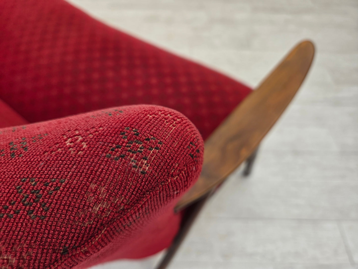 1960s, Danish 2-seater sofa, red furniture fabric, beech wood legs and armrests.