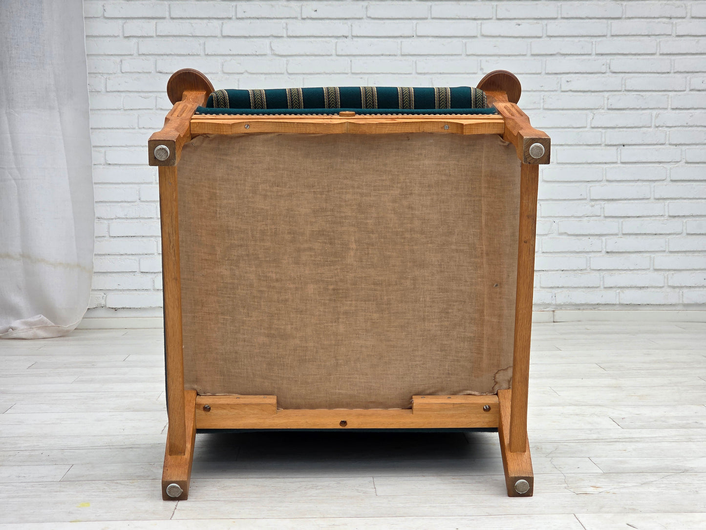 1970s, Danish highback armchair, turkis-green furniture wool, solid oak wood.