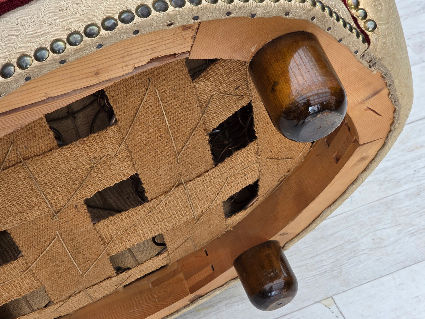 1960s, Danish curved 2-seater sofa, red/beige furniture wool fabric.