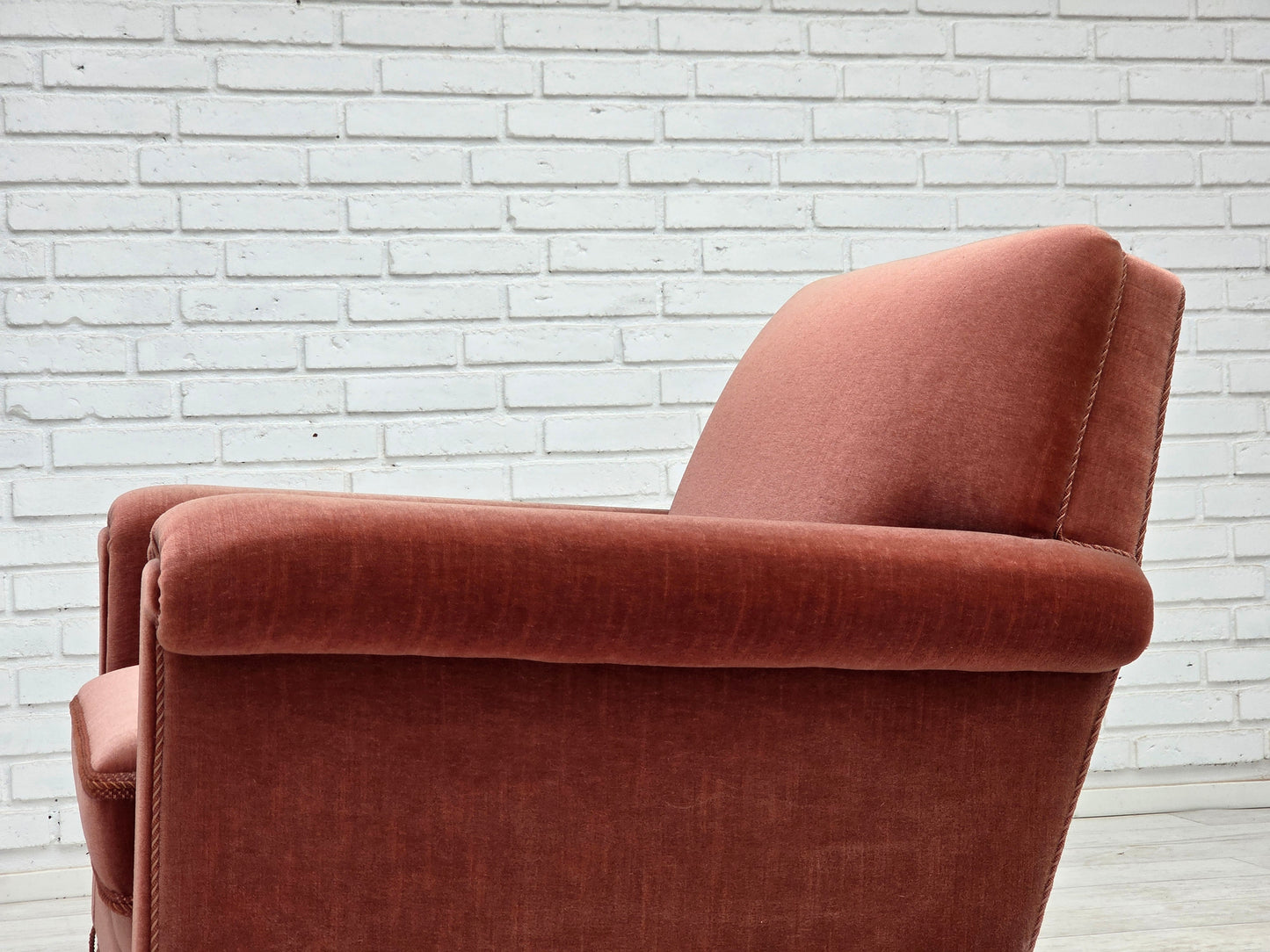 1970s, Danish armchair, salmon pink furniture velour, beech wood.