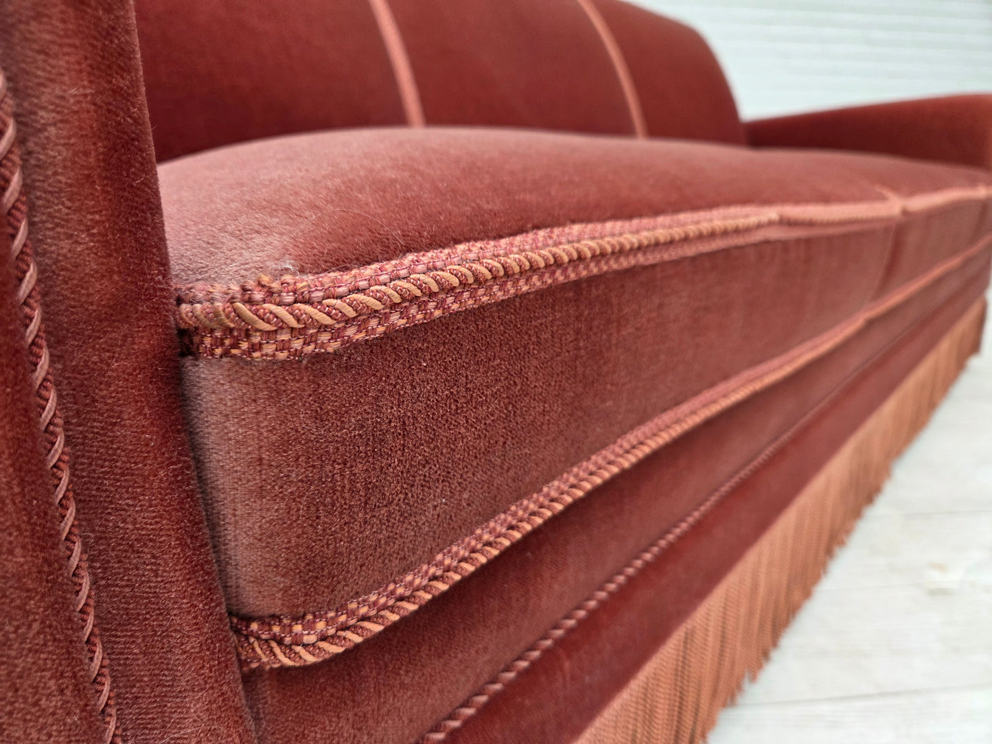 1970s, Danish 3-seater sofa, salmon pink furniture velour, beech wood.
