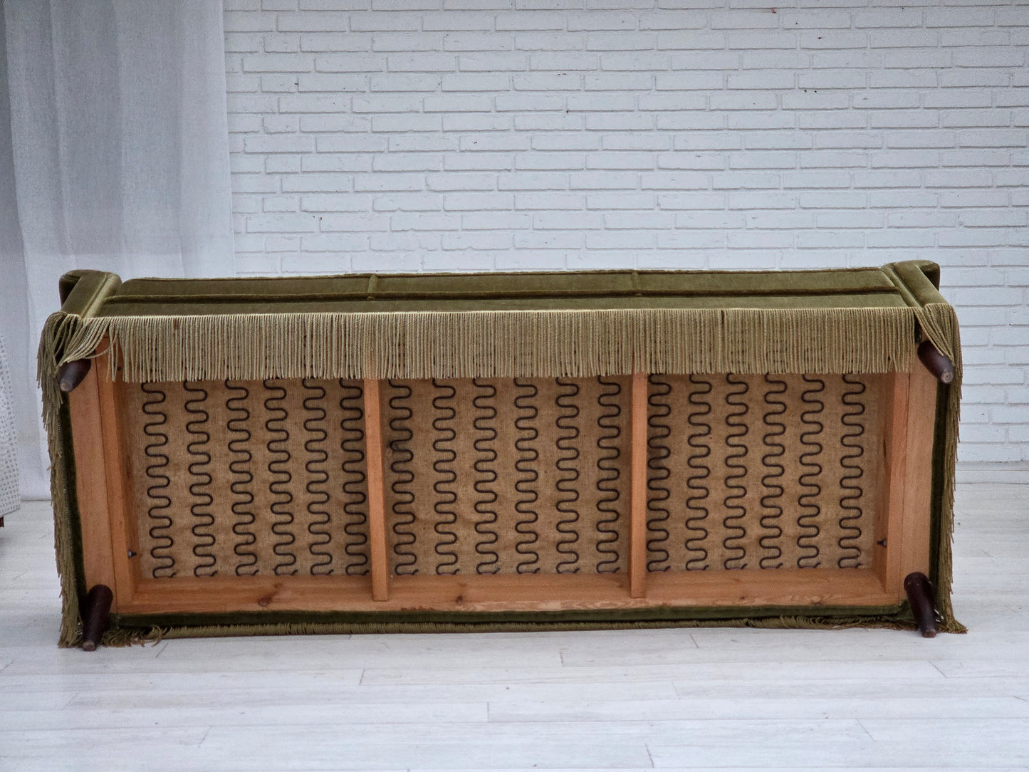 1970s, Danish 3-seater sofa, green furniture velour, teak wood legs.