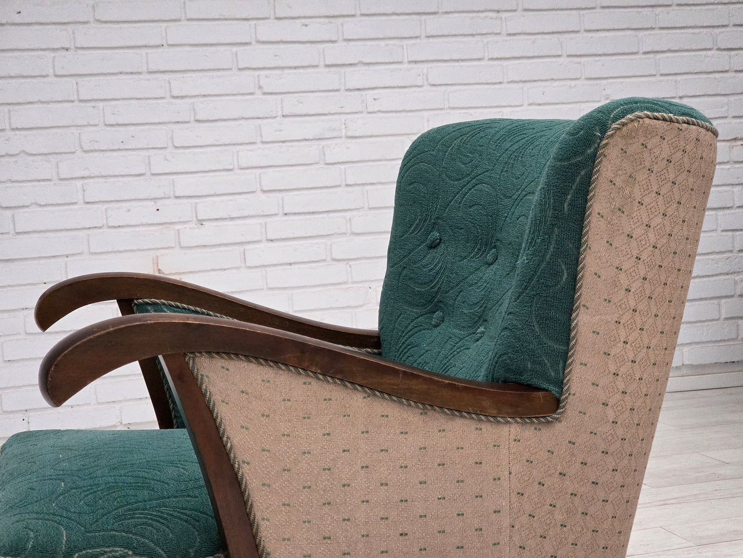 1950s, Danish armchair, original green/beige furniture wool, beech wood.