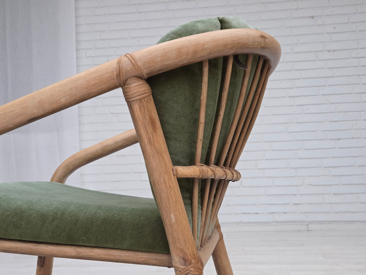 1970s, pair of Scandinavian lounge chairs, green furniture velour and rattan.