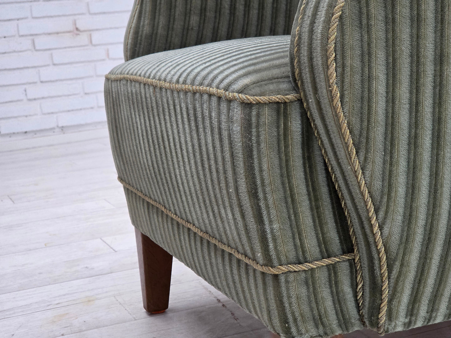 1960s, Danish armchair, green furniture velour, oak wood legs.