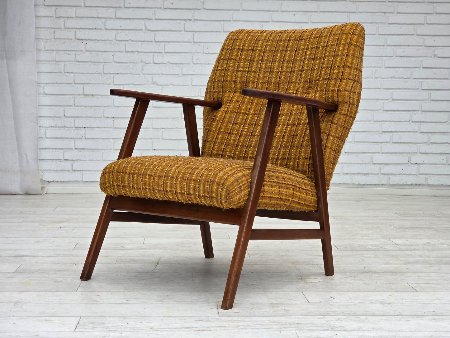 1960s, Danish armchair, furniture wool fabric, teak wood, oak wood.