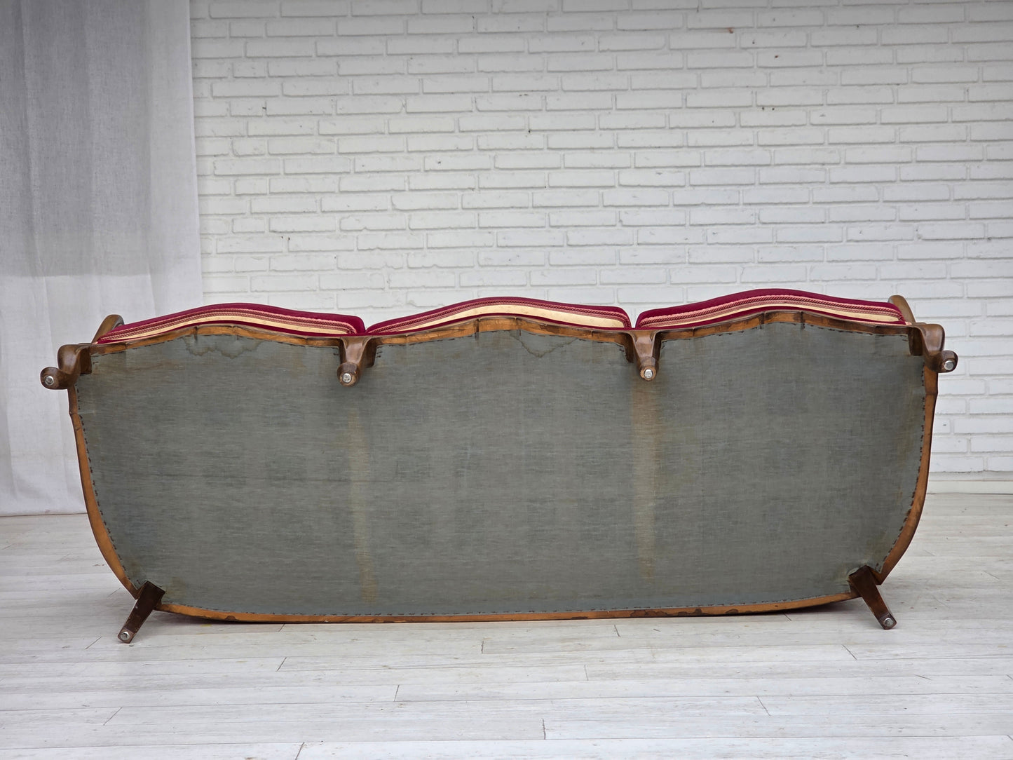 1950s, Danish 3-seater sofa, furniture velour, ash wood, furniture mesh.