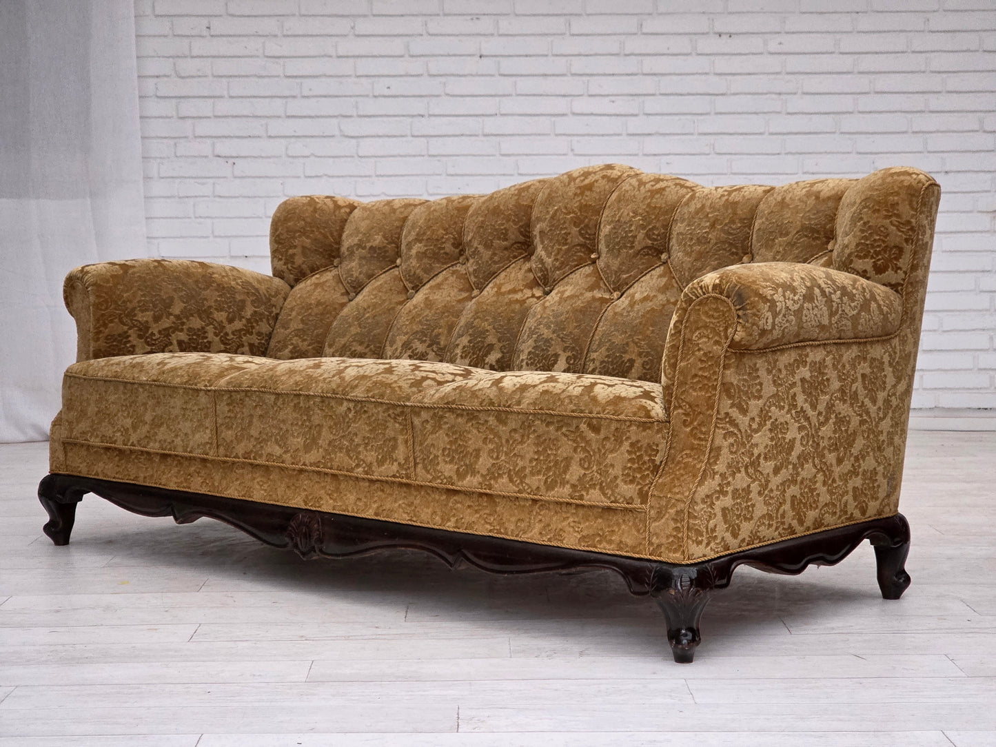 1950s, Danish 3-seater sofa, furniture velour, carved oak wood.
