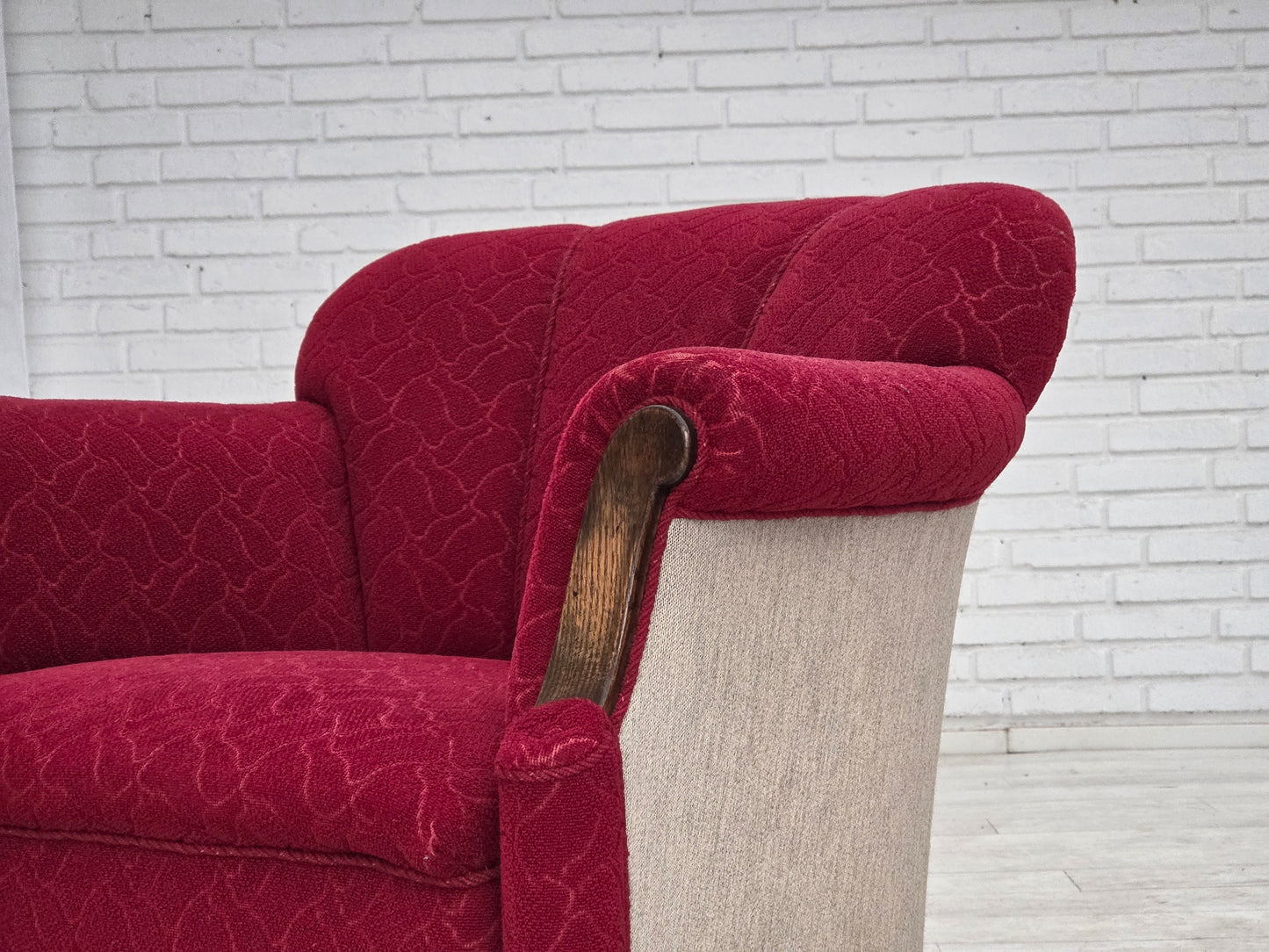 1950s, Danish armchair, red and light grey furniture wool, carved oak wood.