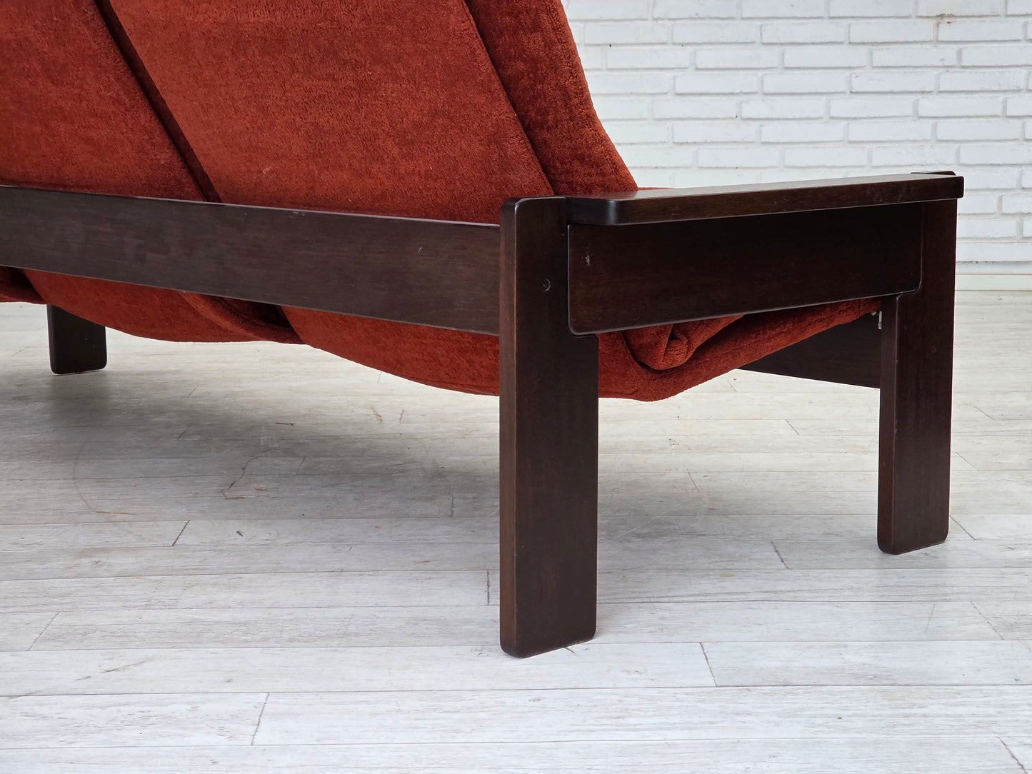1970s, 3-seater Danish sofa, orange/red furniture velour, oak wood.