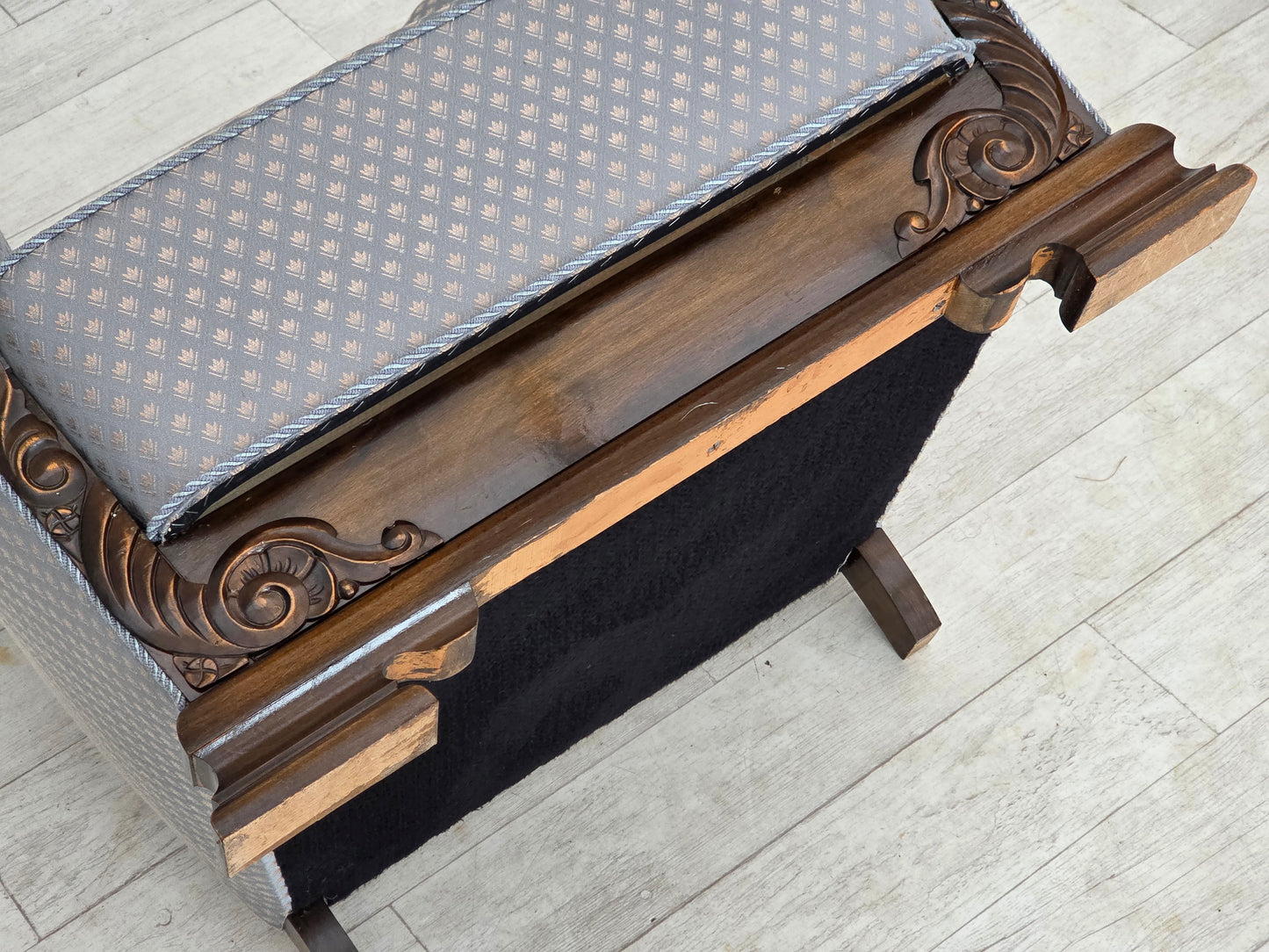 1950s, Danish armchair, furniture fabric, carved oak wood.