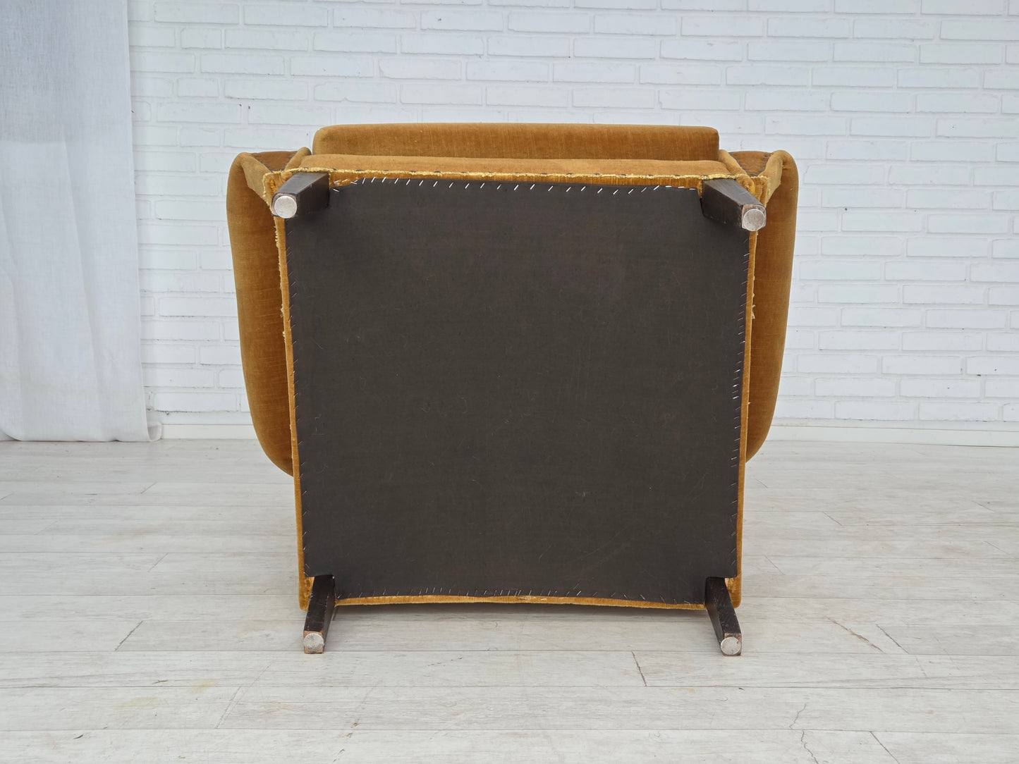 1970s, Danish high back armchair, furniture velour, oak wood legs.