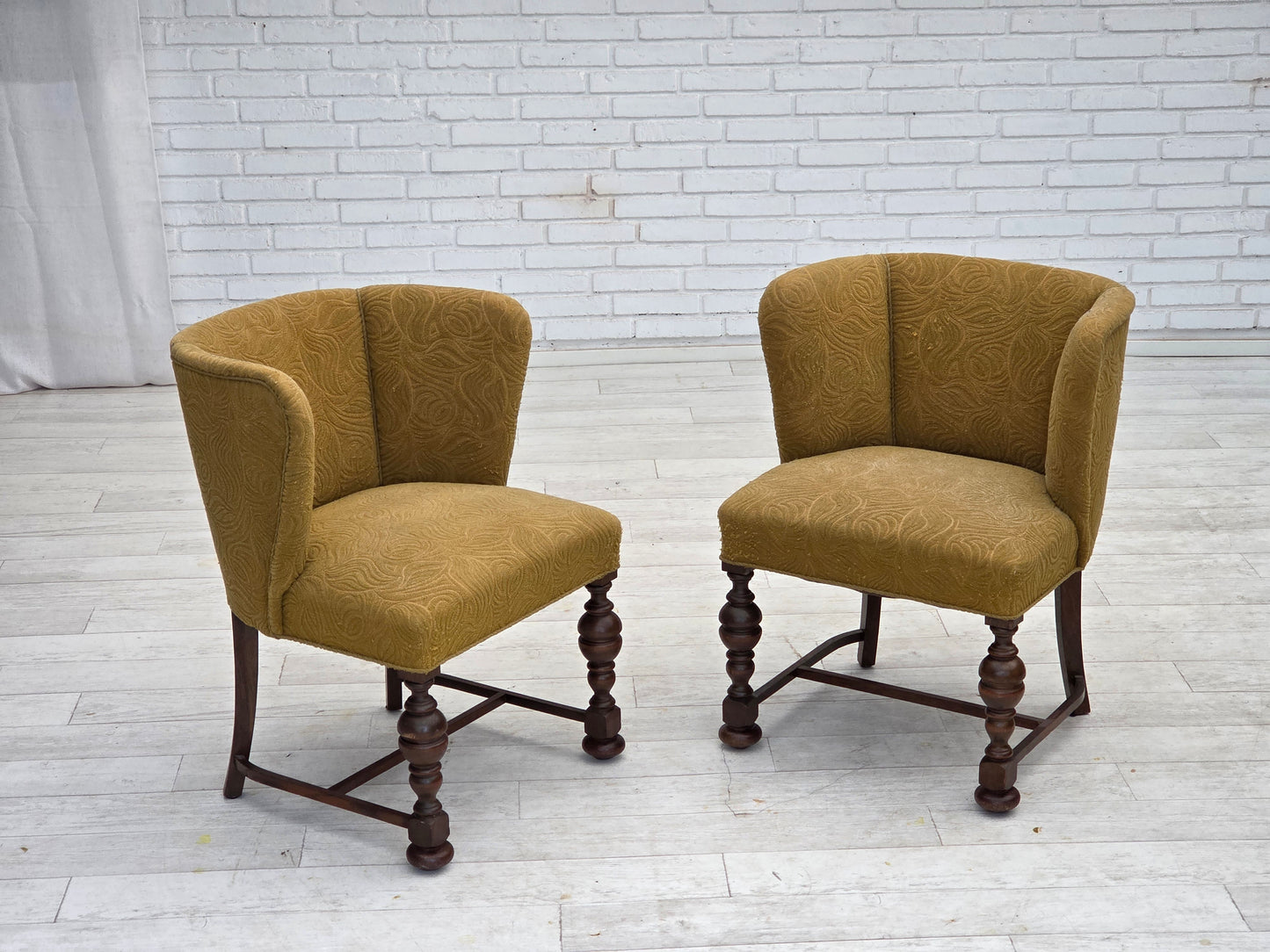 1950s, Danish lounge chair, green furniture velour/wool, dark oak wood.