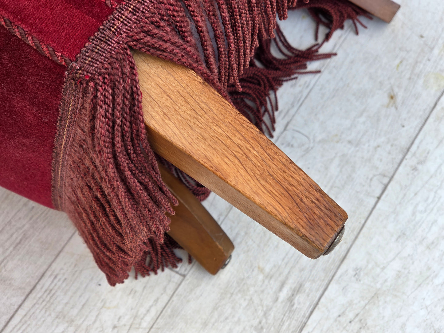 1970s, Danish armchair, cherry-red furniture velour, oak wood legs.