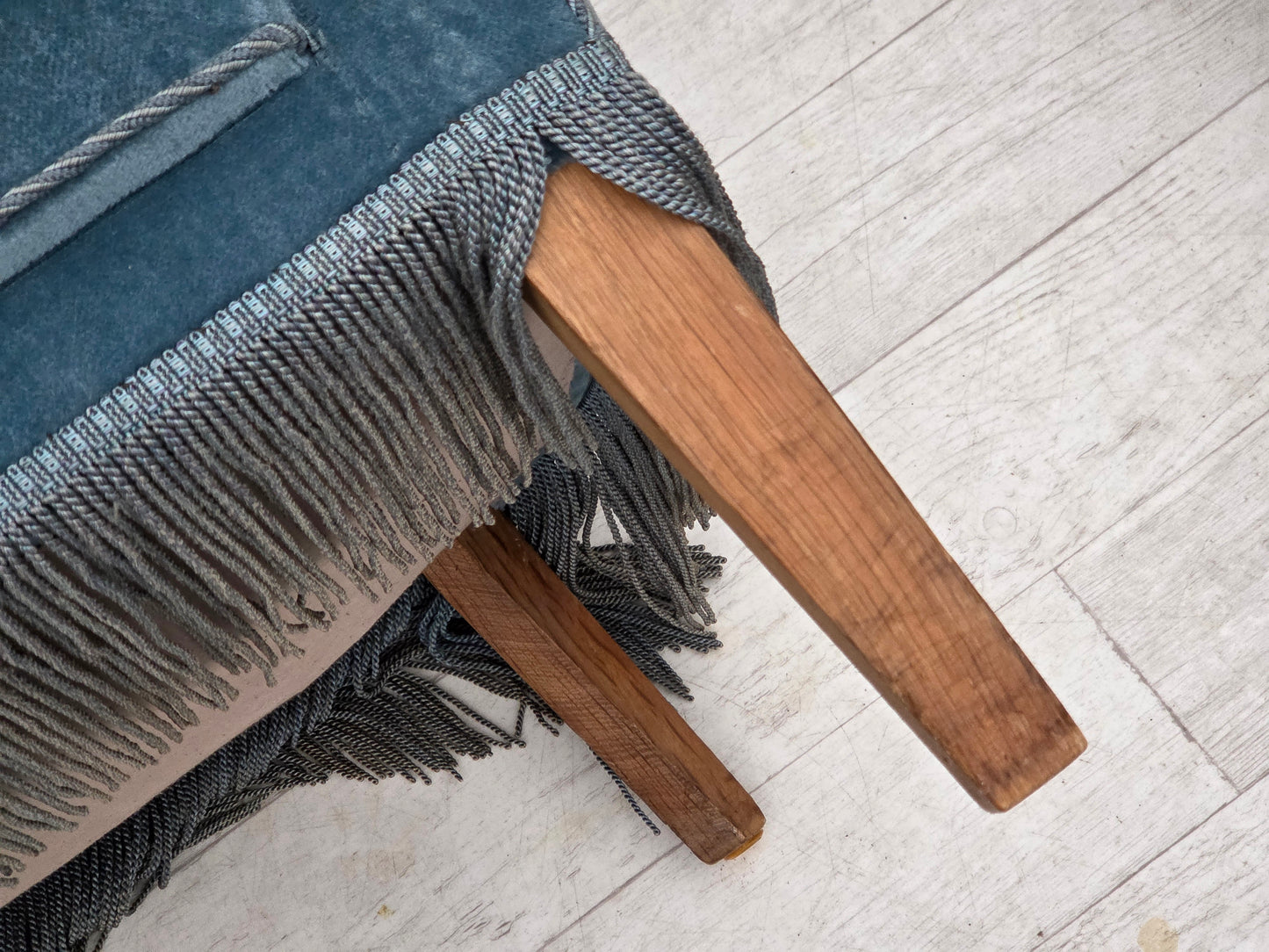 1970s, Danish 2-seater sofa, blue furniture velour, oak wood legs.