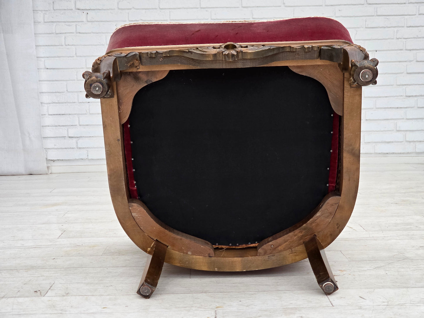 1940s, Danish armchair, woven wool, velour, furniture mesh, carved oak wood.