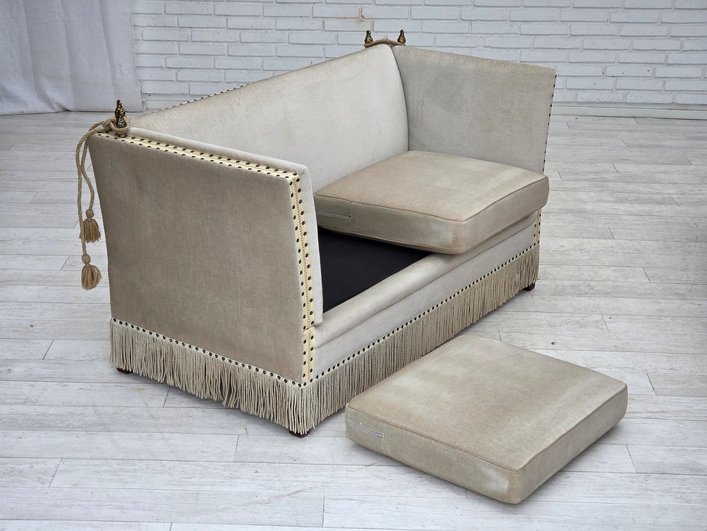 1970s, Danish 2-seater drop arm "Spanish" sofa, furniture velour.