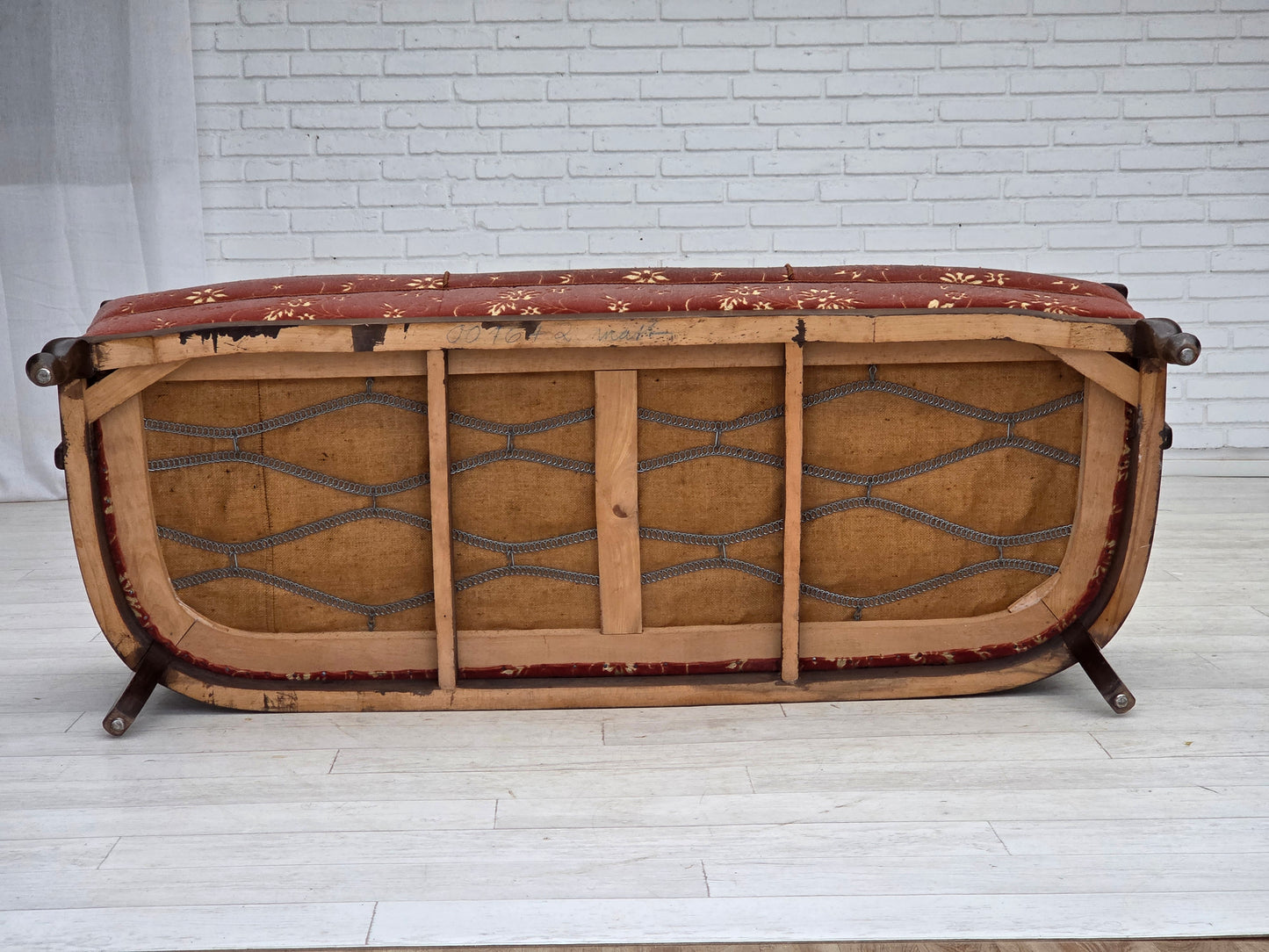 1950s, Danish 3-seater sofa, salmon pink velour, furniture mesh, dark beech wood.
