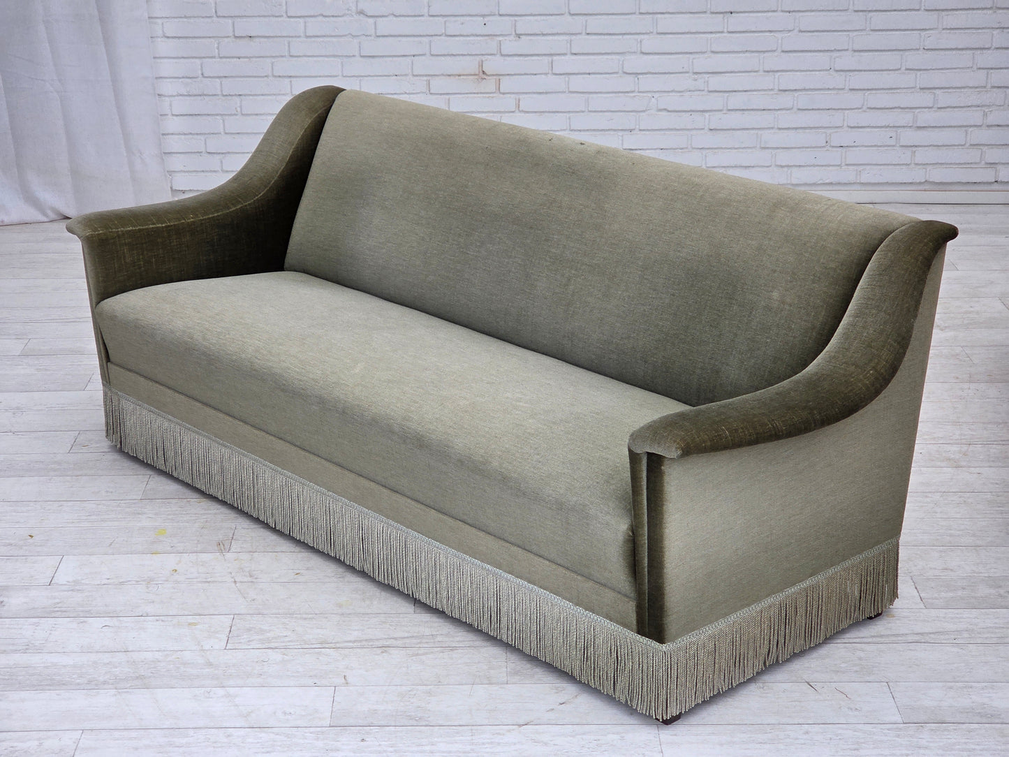 1970s, Danish 3-seater sofa, green furniture velour, beech wood.