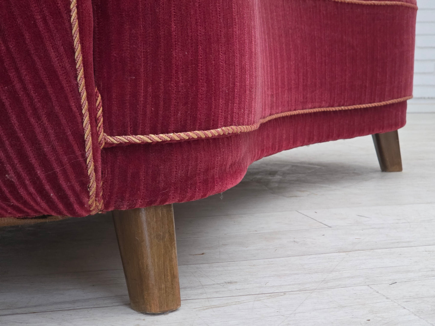 1960s, Danish 2-seater "Banana" sofa, red furniture velour, oak wood.