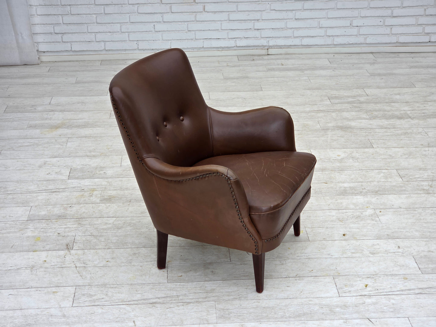 1960s, Danish armchair, furniture leather, ash wood legs.
