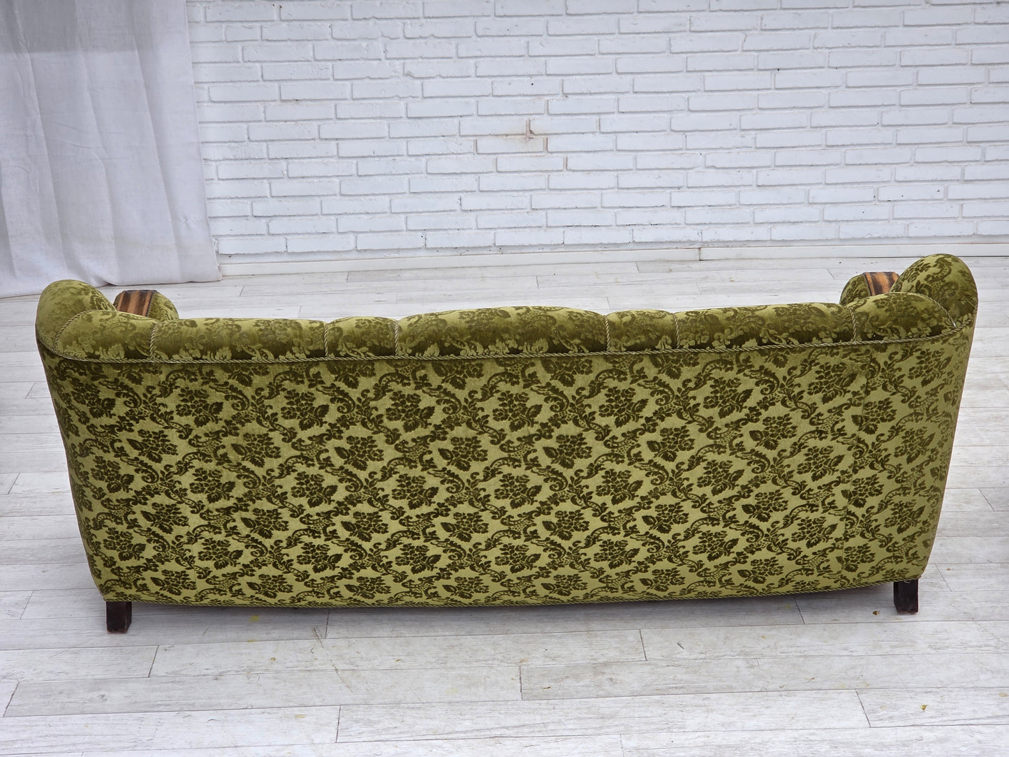 1960s, Danish 3-seater sofa, furniture velour, carved oak wood.
