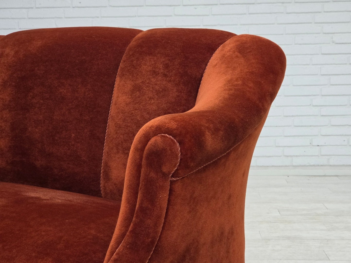 1950s, Danish 2-seater sofa, furniture velour, oak wood legs.