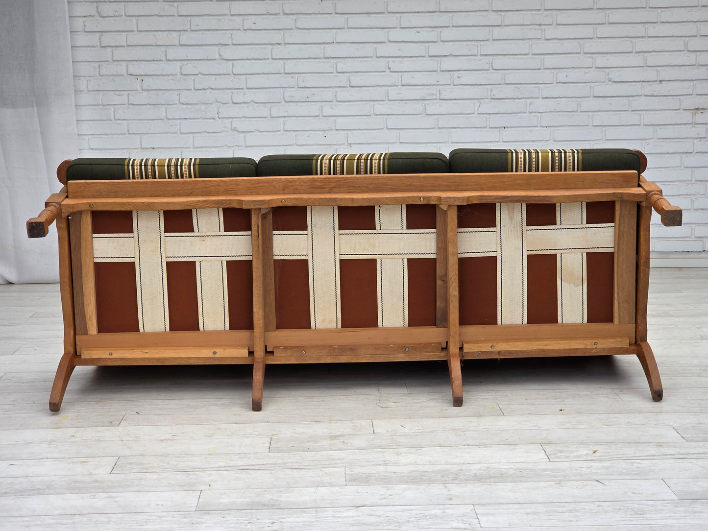 1970s, Danish 3-seater sofa, green furniture wool, solid oak wood.