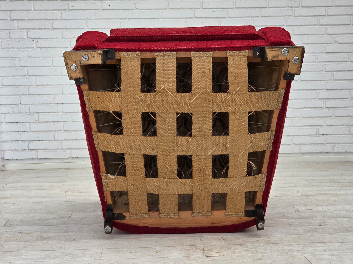 1950s, Danish relax armchair, red furniture wool, oak wood.