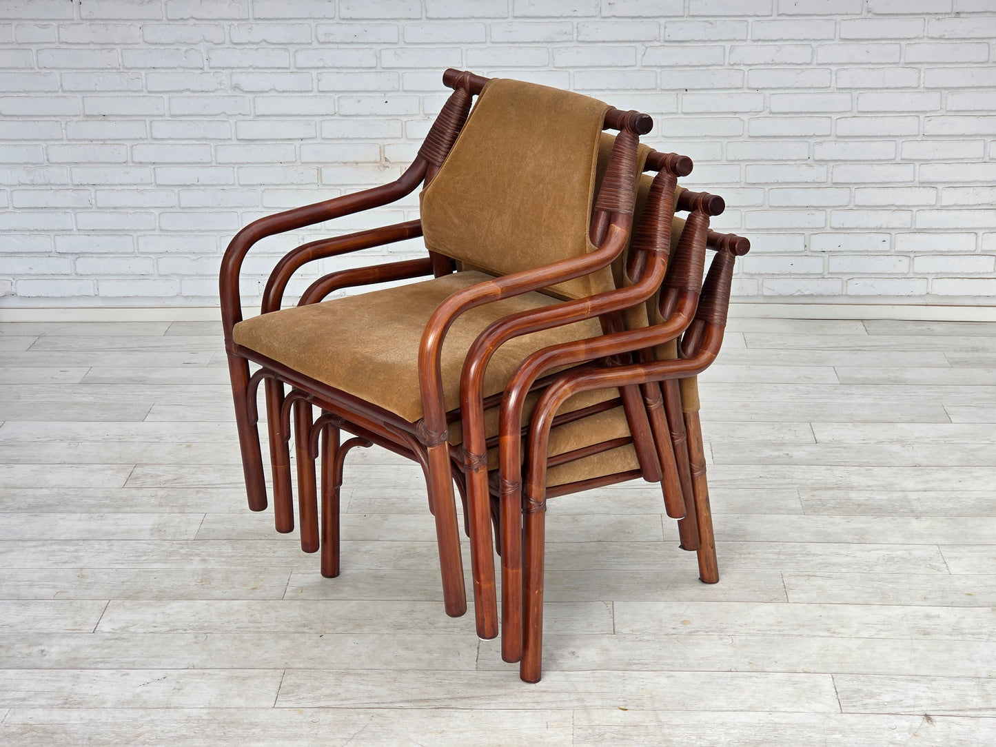 1970s, Danish coffee armchairs set, rattan, nubuck fabric.