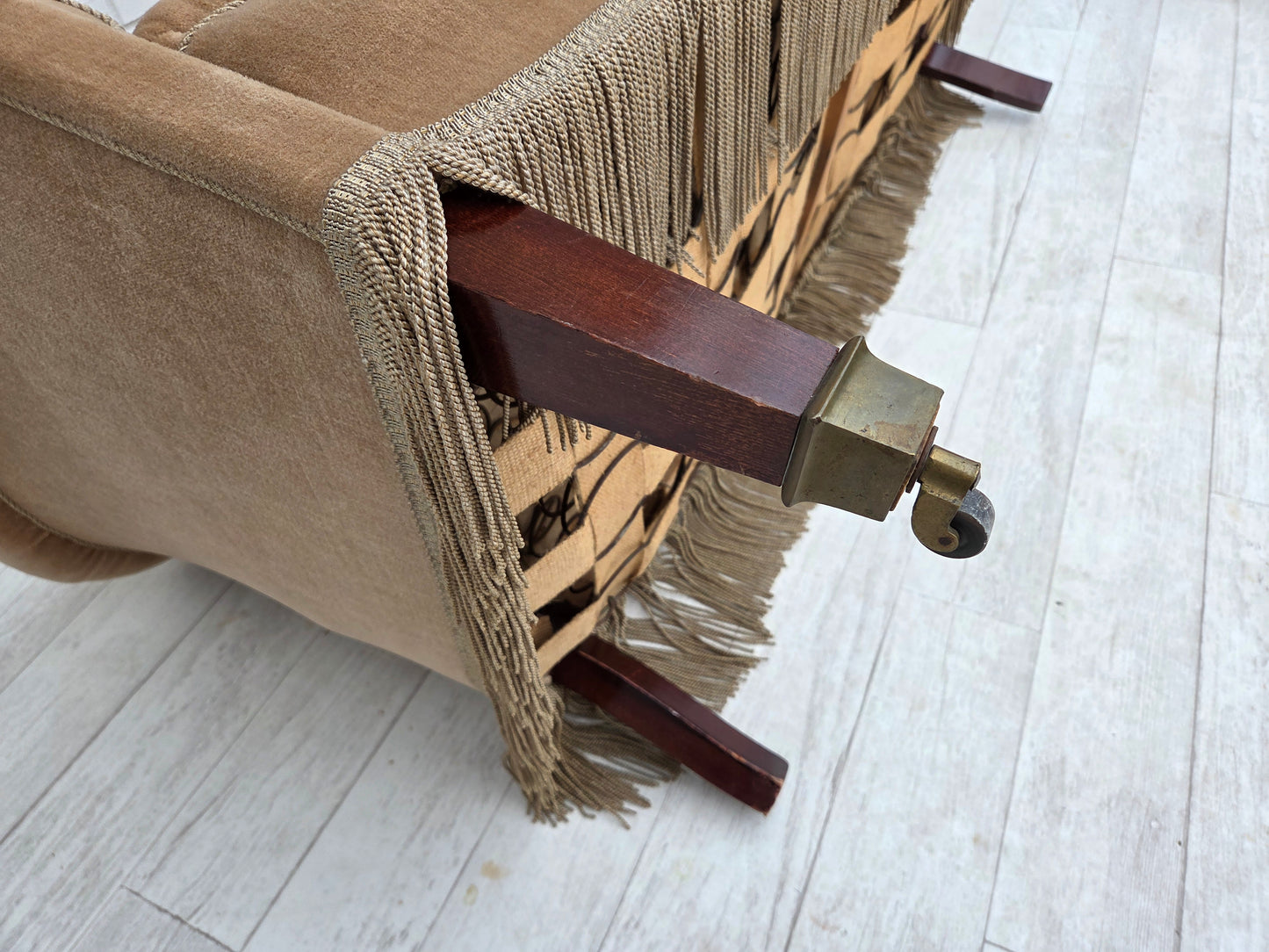 1950s, Danish 2-seater sofa, furniture velour, teak wood legs.