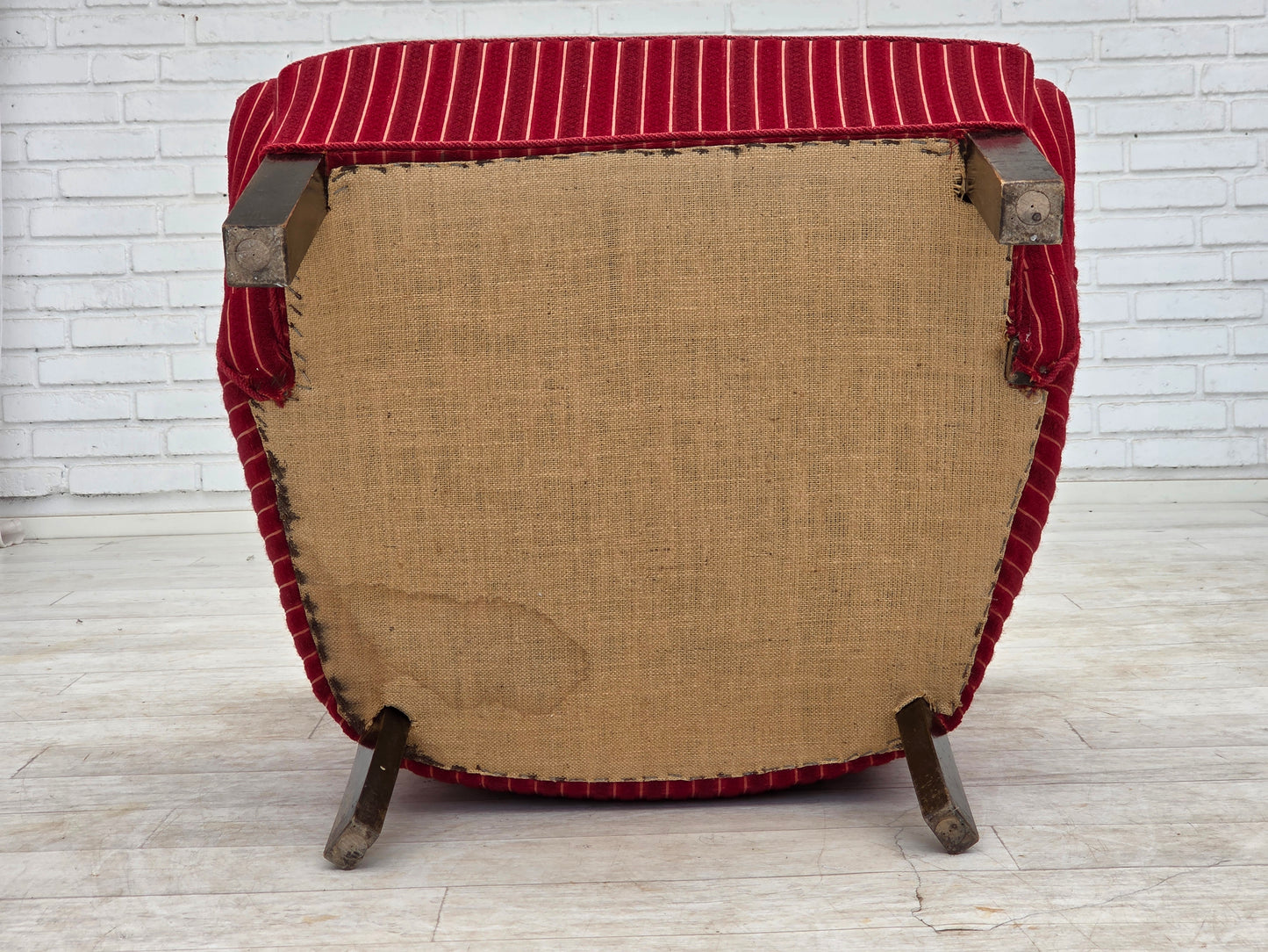 1960s, Danish armchair, red striped furniture wool, oak wood legs.