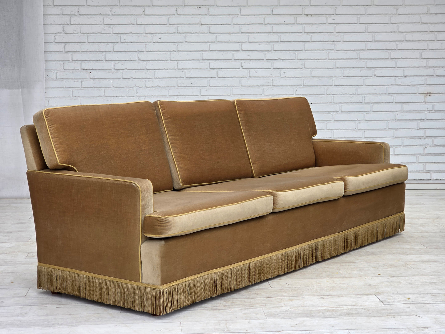 1970s, Danish 3-seater sofa, honey yellow furniture velour.