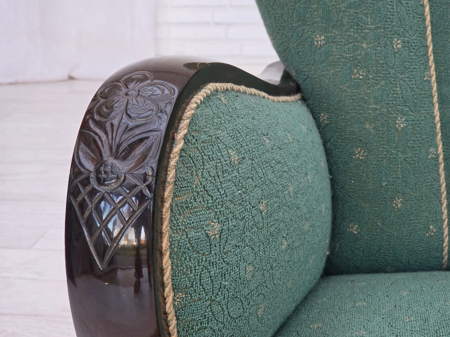 1960s, Danish armchair, green and beige furniture wool.