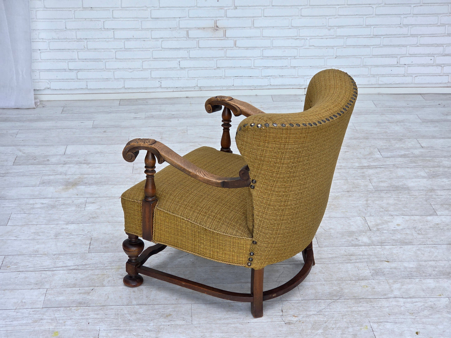 1960s, Danish armchair, original green furniture wool, carved oak wood.