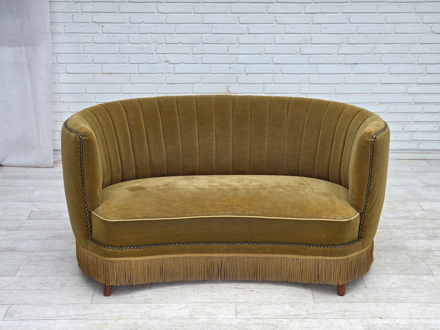 1970s, Danish 2-seater "Banana" sofa, green furniture velour.