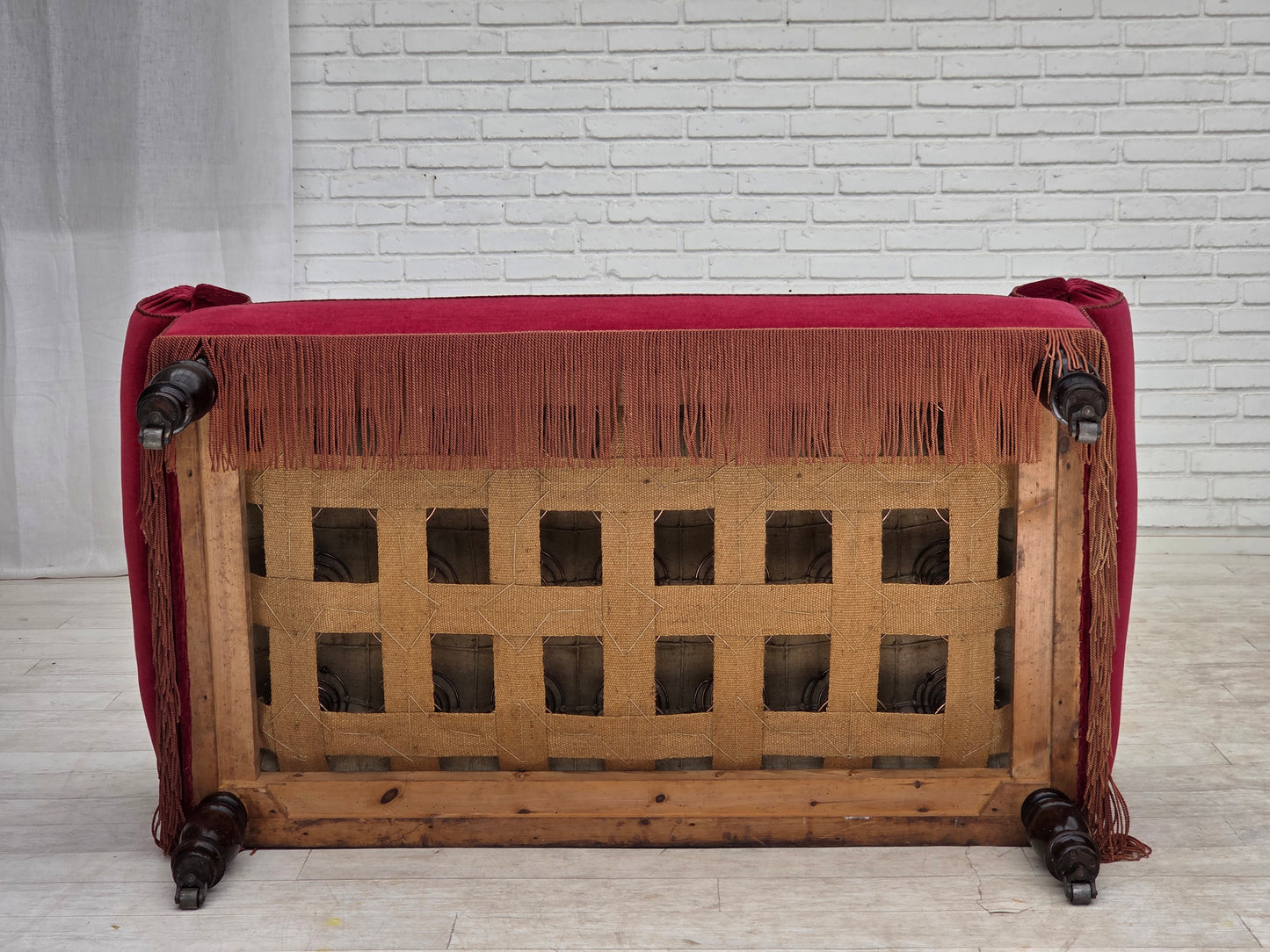 1950s, Danish 2-seater drop arm/back sofa, cherry-red furniture velour.