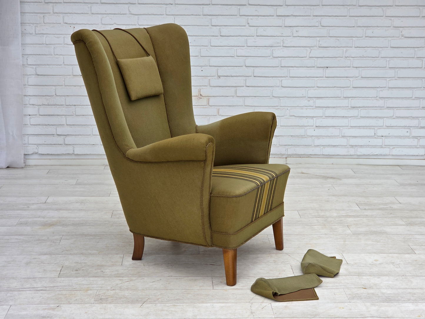 1960s, Danish highback armchair, original green furniture wool.