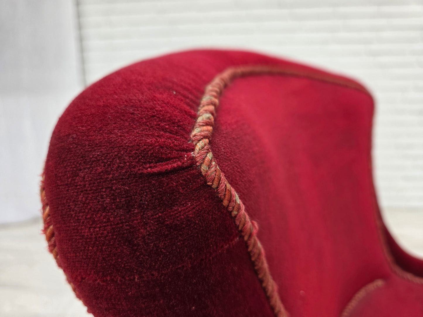 1950s, Danish cocktail lounge chair, cherry-red furniture velour.