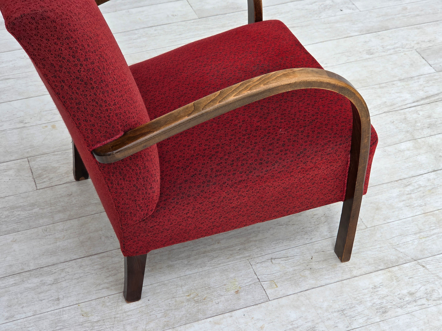 1950s, Danish art deco armchair, original red furniture wool, beech wood.