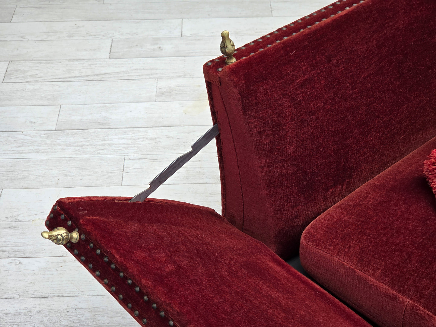 1970s, Danish 2-seater drop arm "Spanish" sofa, furniture velour.