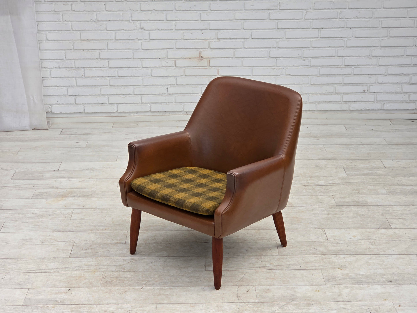 1970s, Danish armchair, artificial leather, teak wood legs.