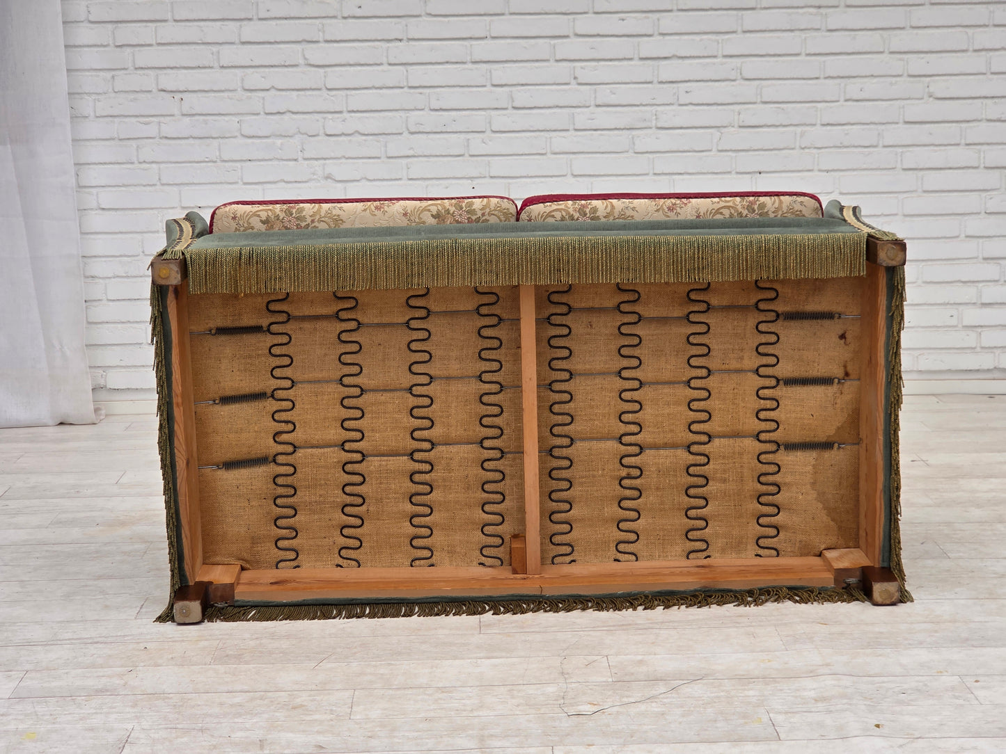 1970s, Danish 2-seater drop arm "Spanish" sofa, green and red velour.