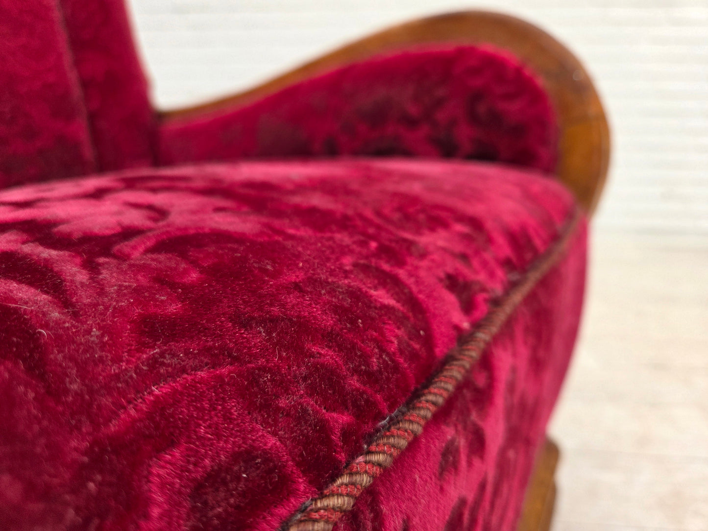 1950s, Danish relax armchair, red furniture velour, oak wood.