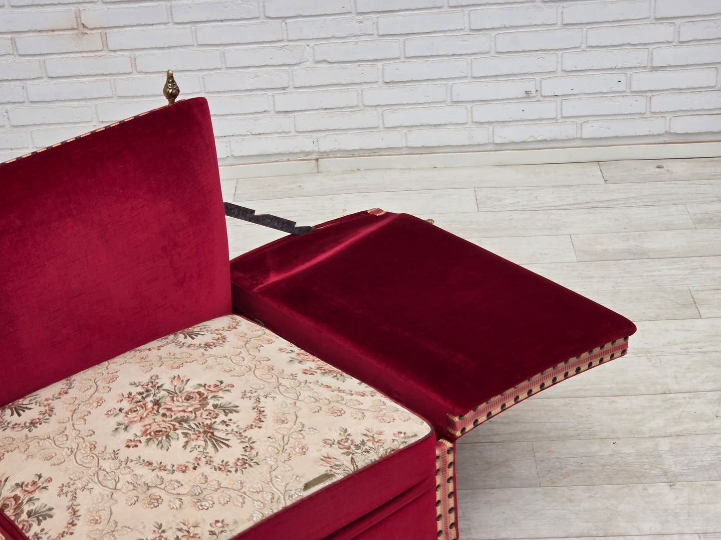 1970s, Danish 3-seater drop arm "Spanish" sofa, red furniture velour.