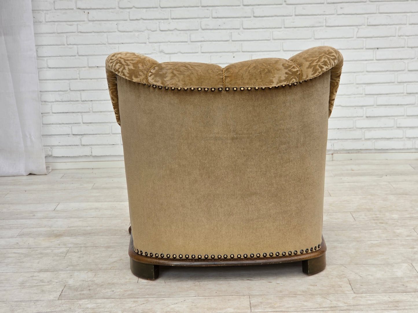 1950s, Danish relax armchair, furniture velour, carved oak wood.