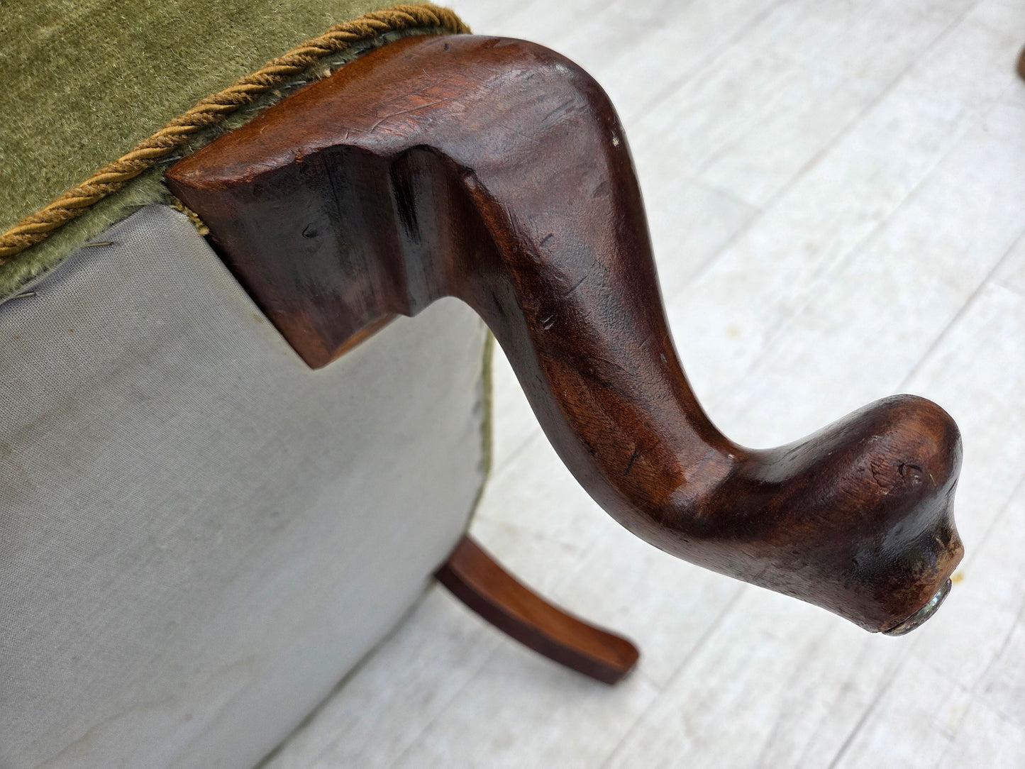 1960s, Scandinavian armchair, green furniture velour, oak wood legs.